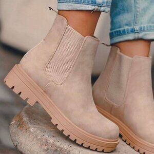 NEW🔥 Natural Combat Chelsea Ankle Boots Booties Pull-On Lug Platform Block Heel